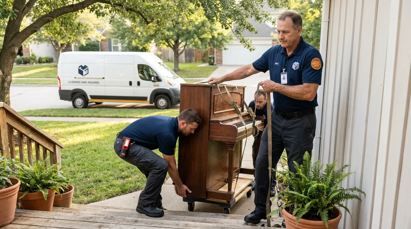 Licensed piano movers securing grand piano in Trumbull, CT