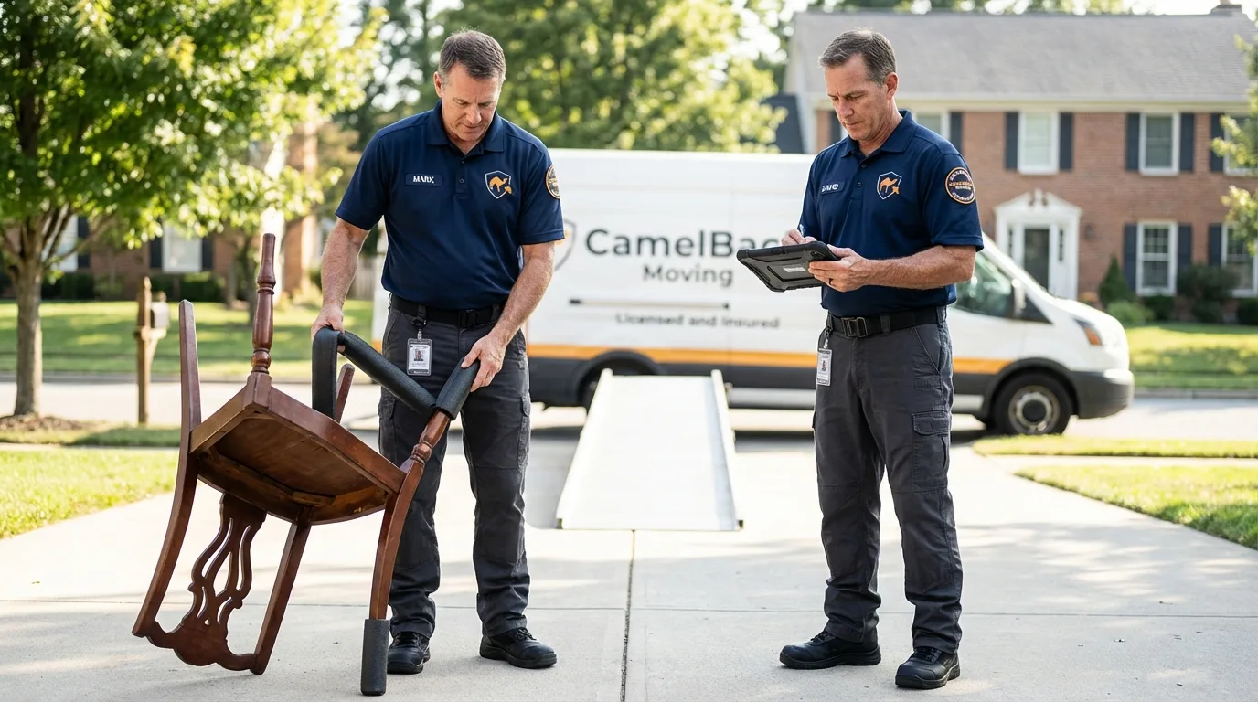 Movers inspecting furniture for damage prevention before loading in Trumbull, CT